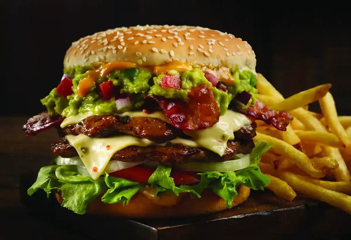 Large American fast-food meal with burger and fries