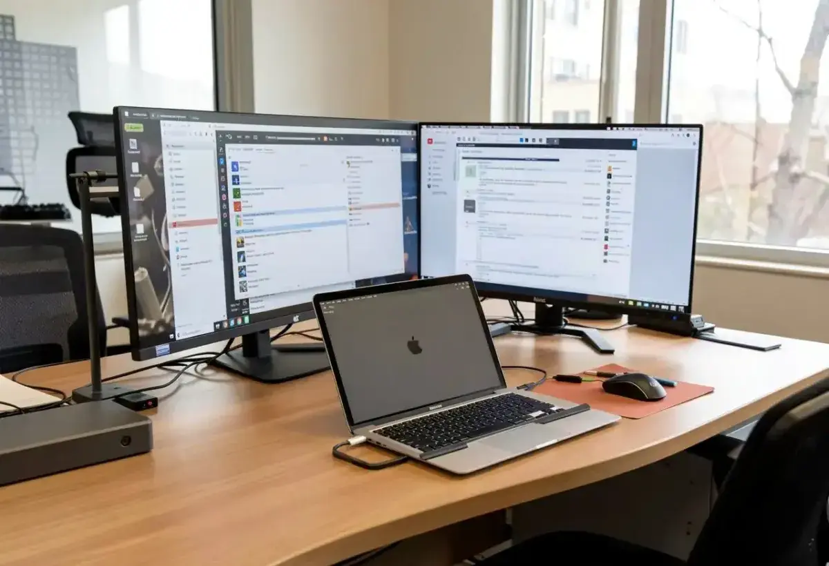 Professional workstation with Mac laptop connected to monitors in a quiet office environment