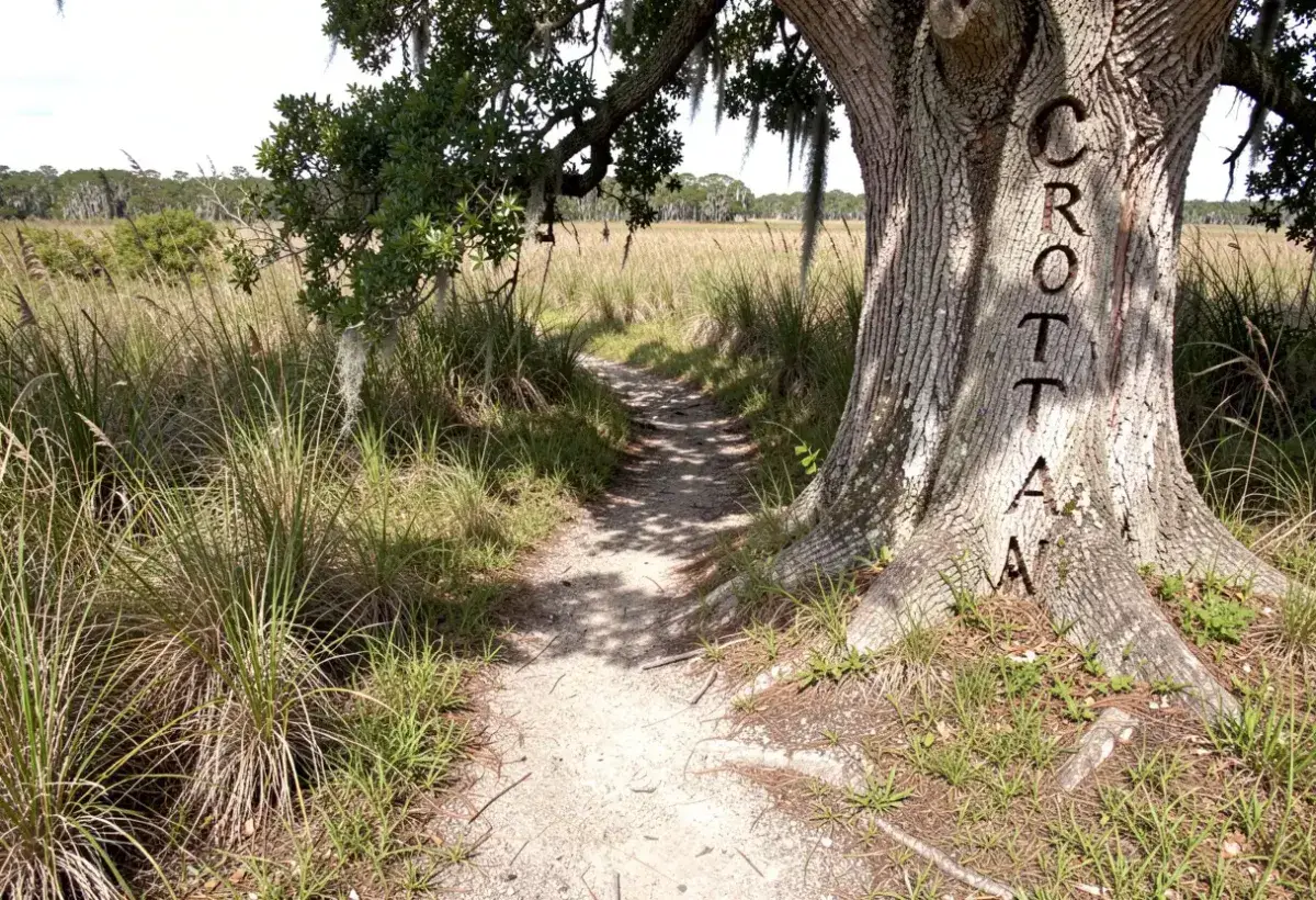 Roanoke Island with Croatoan tree marking