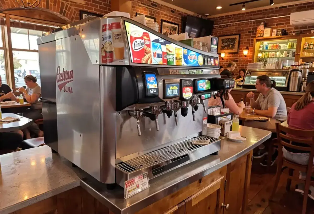 American soda fountain with cups and dispensers