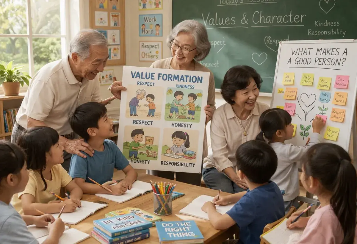 Asian seniors teaching kids