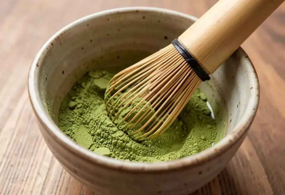 Traditional matcha powder and bamboo whisk in tea bowl