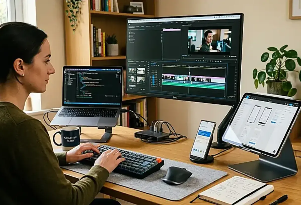 Workspace showing multiple devices used for different tasks