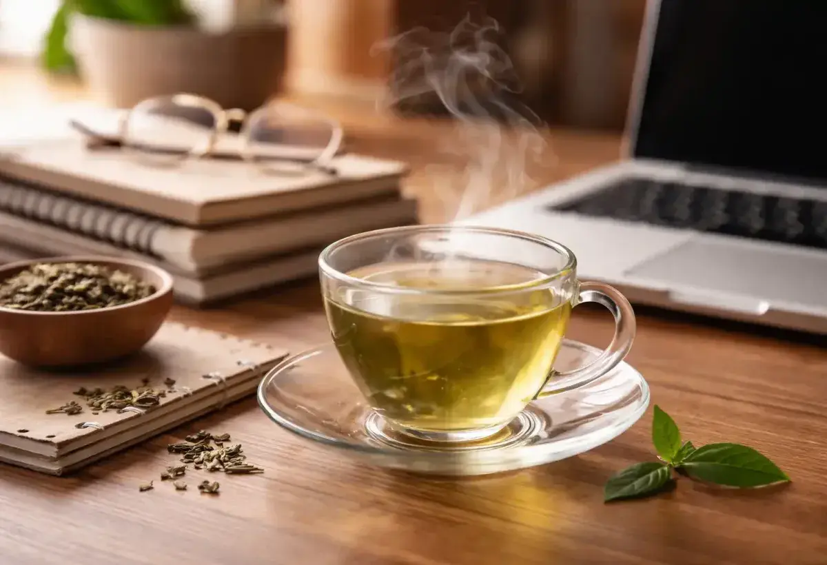 Cup of green tea on desk symbolizing focus and mental clarity