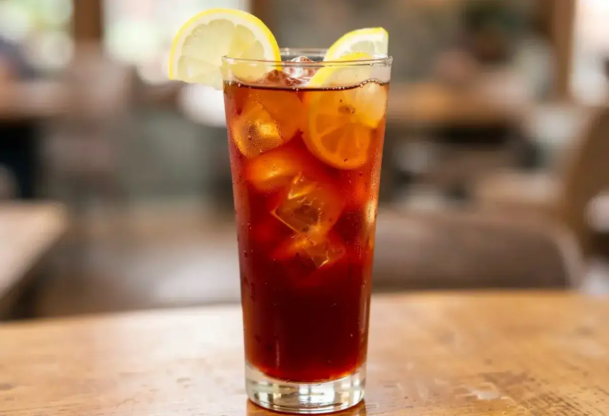 Refreshing glass of iced tea with ice cubes and lemon