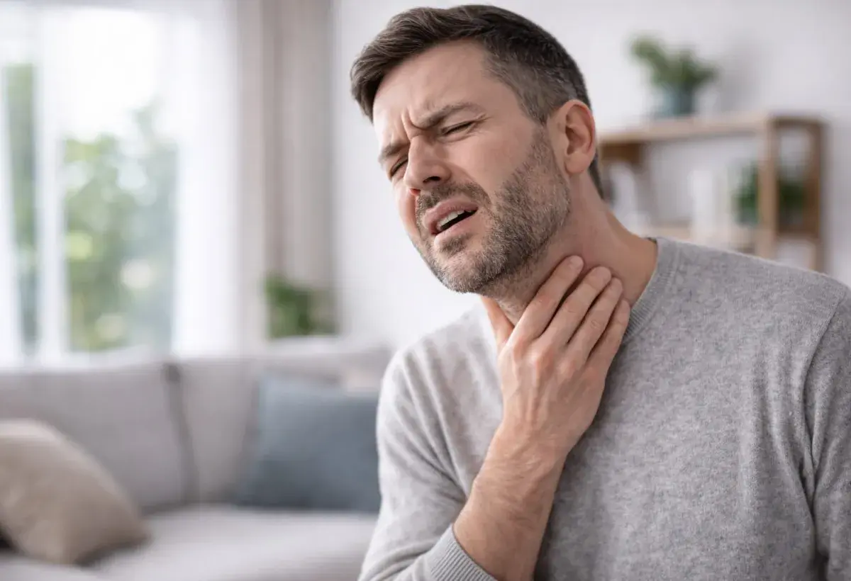man's throat in pain