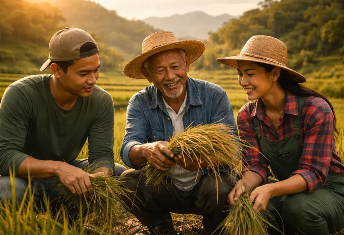 senior farmer teaching the younger farmer 