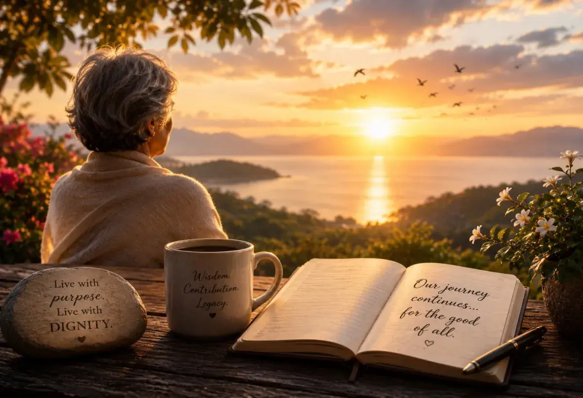 woman enjoying the perfect sunset with an open notebook stating aging with dignity