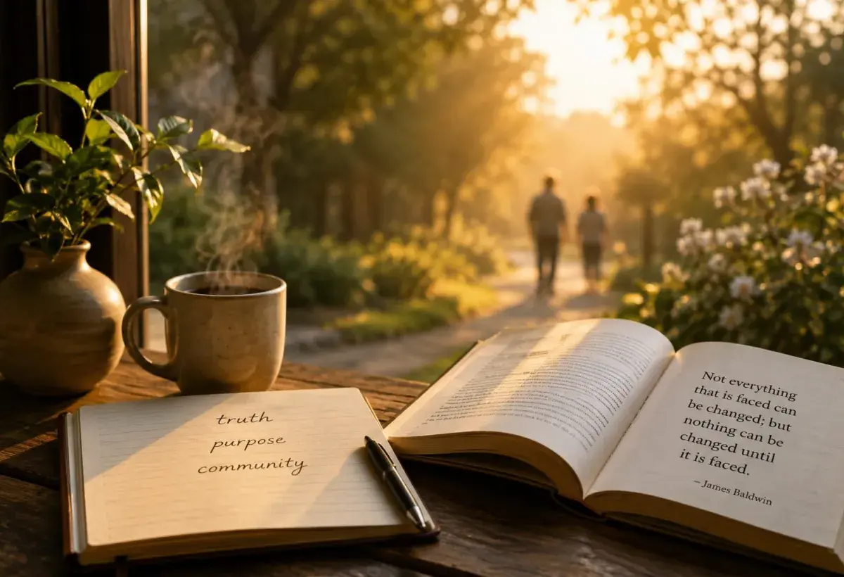 Shadow of two person walking with an open book stating - purposeful aging 
