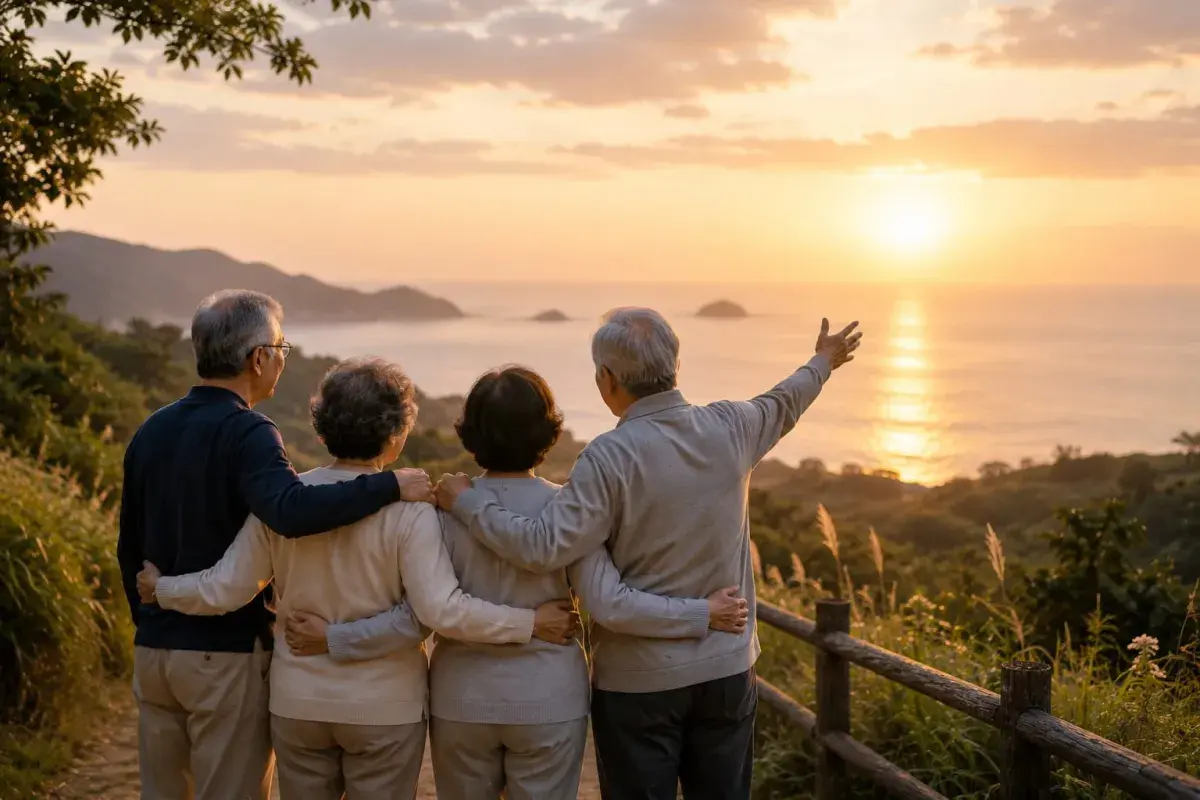 happy older adults walking while hugging watching the sunset 