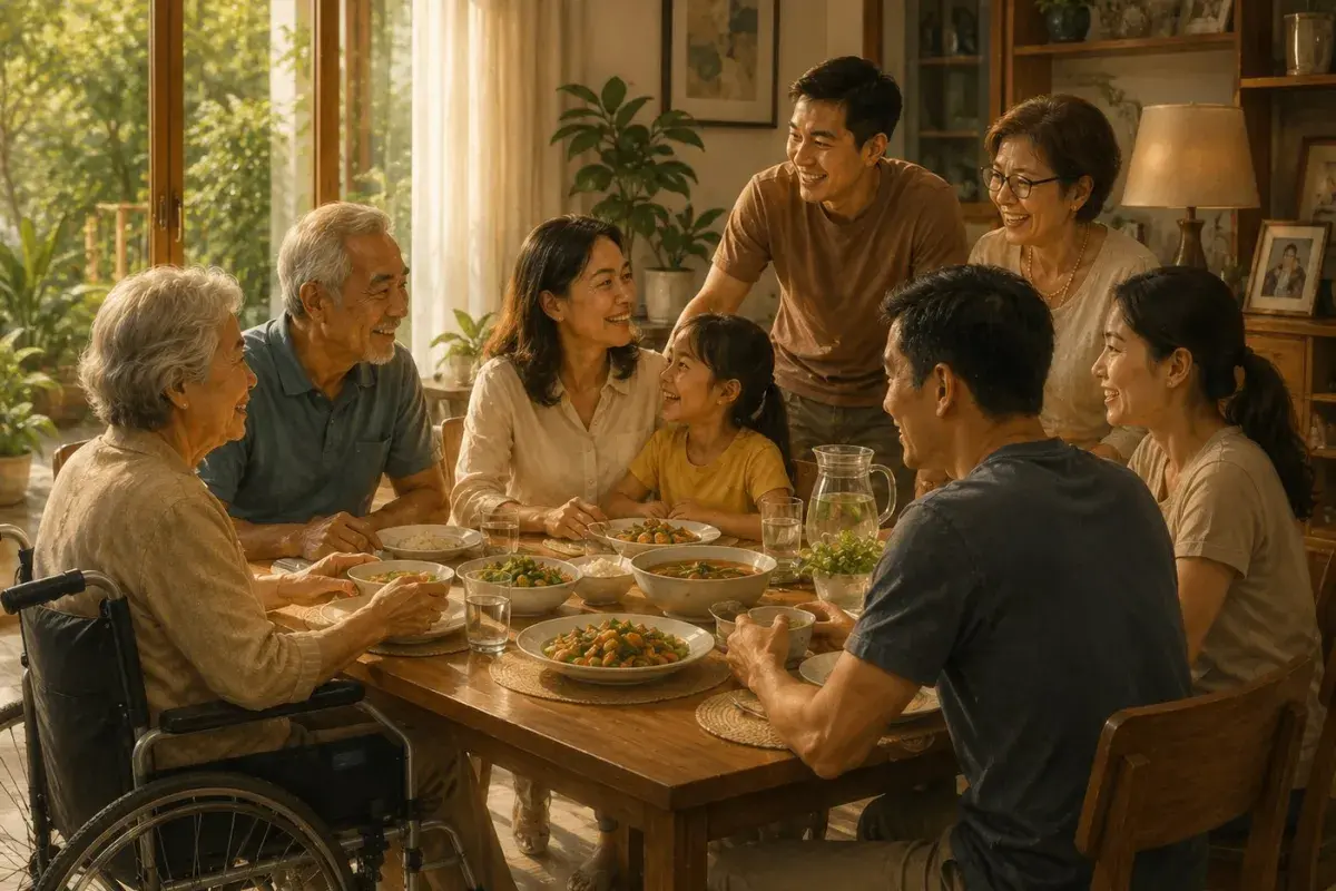 family having dinner with a grandmother on a wheelchair 
