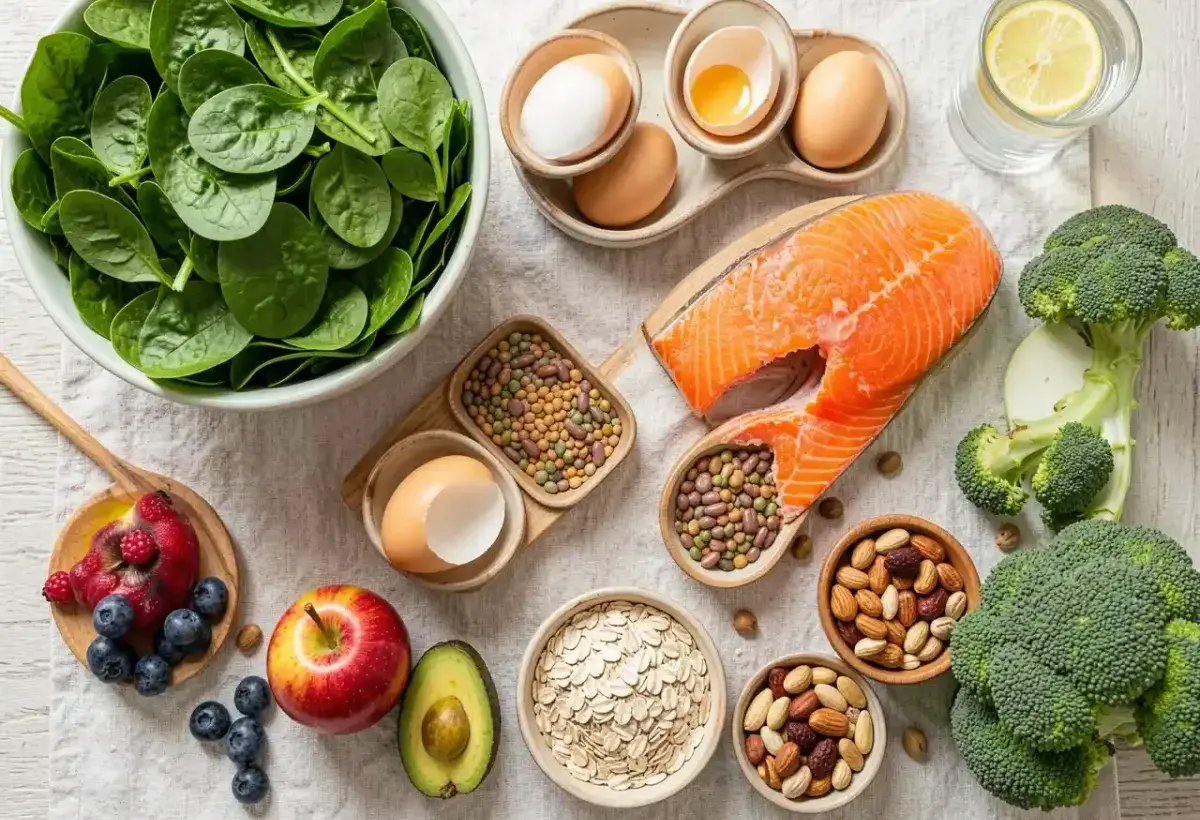 A vibrant flat lay of leafy greens, salmon, eggs, beans, apple, avocado, berries, and nuts, symbolizing nourishing foods for natural weight loss.