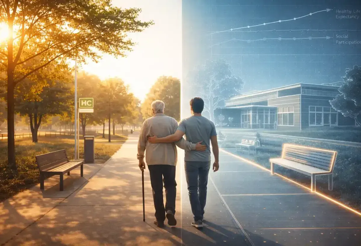 An older and younger person walking in an accessible park, overlaid with a blueprint highlighting age-friendly design, symbolizing a society redesigned for longer lives.