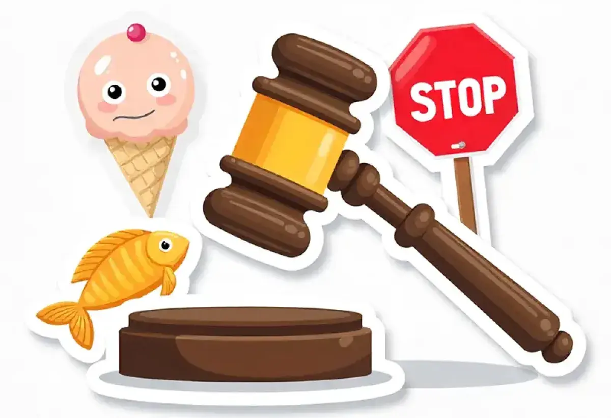Funny weird US laws concept with judge gavel and cartoon icons