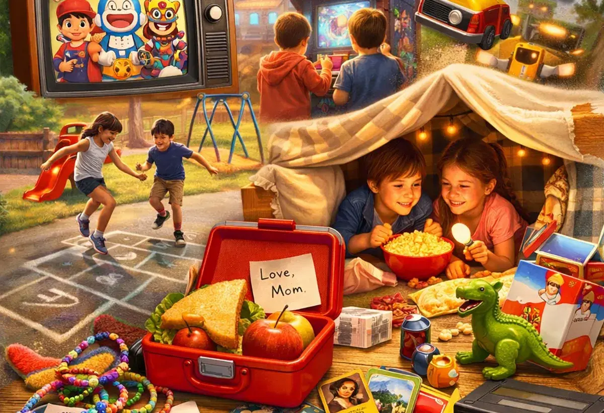 Happy childhood memories montage with cartoons, toys, and playground scenes