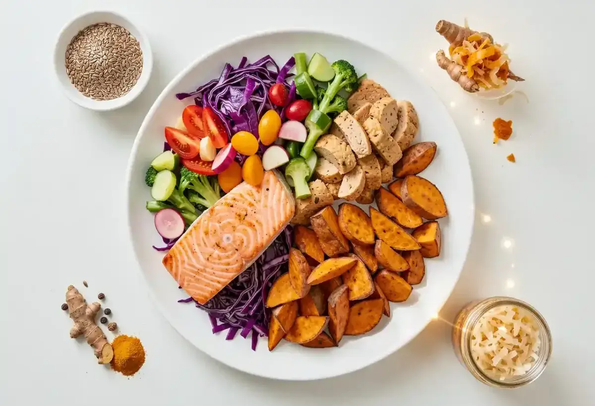 Top-down flat-lay of a vibrant, nutrient-dense plate divided into colorful vegetables, quality protein, and smart carbs, with small dishes of nutritional boosters