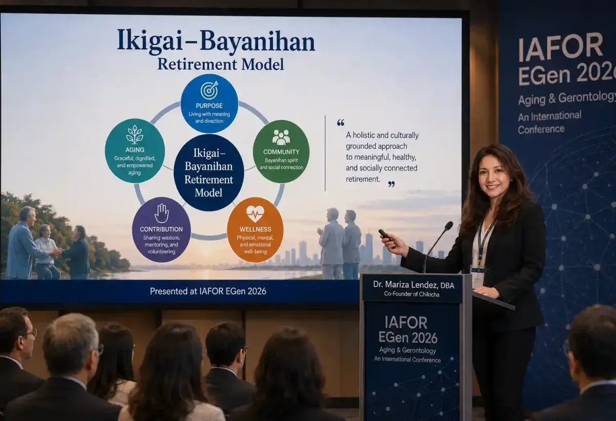 Dr. Mariza Lendez presenting the Ikigai-Bayanihan Retirement Model at an international aging conference