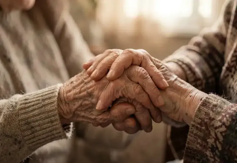 A close-up of an older woman's hands gently holding the hands of an elderly person, symbolizing a lifetime of care and support