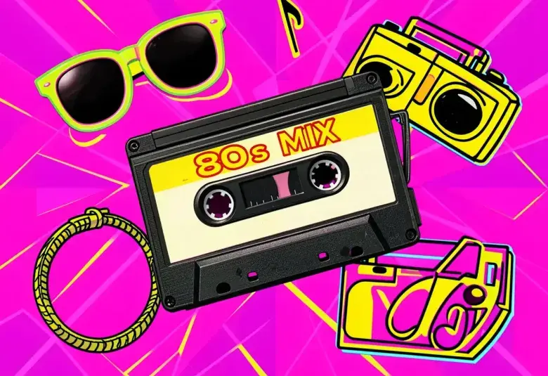 A colorful retro collage with a cassette tape labeled '80s MIX' surrounded by neon sunglasses, a boom box outline, and musical notes on a geometric neon background