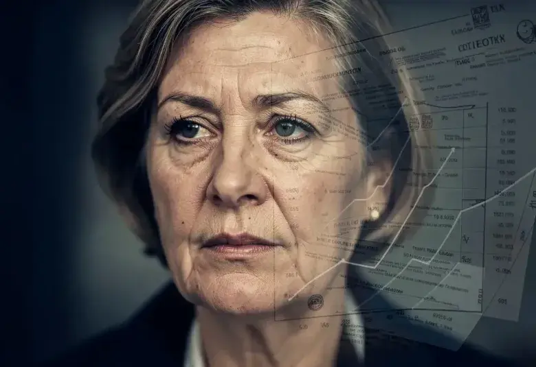 A dignified, close-up portrait of a thoughtful older woman, with faint, ghosted outlines of graphs and documents subtly superimposed
