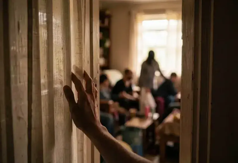 A hand gently parting a curtain at home, symbolizing the quiet search for personal space and peace within a crowded family life.
