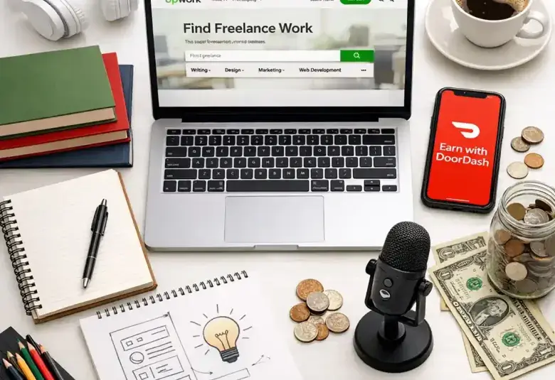 A laptop, smartphone, notebook, and coffee on a desk, symbolizing the variety of flexible and reliable side hustles in the U.S.