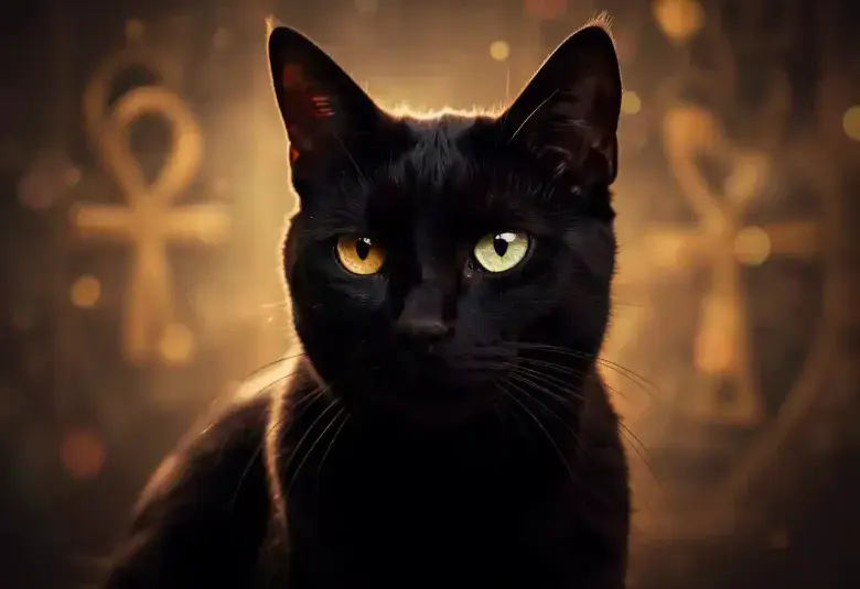 A mystical black cat with luminous eyes, symbolizing the ancient, magical, and spiritual qualities revered across cultures.