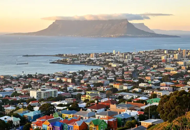 A panoramic view of Cape Town with the colorful Bo-Kaap houses, the city bowl, and the iconic, cloud-topped Table Mountain.