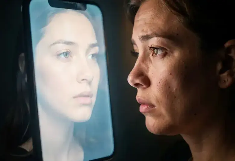 A person looking at their own filtered reflection on a phone, symbolizing the emotional disconnect between digital perfection and authentic humanity.