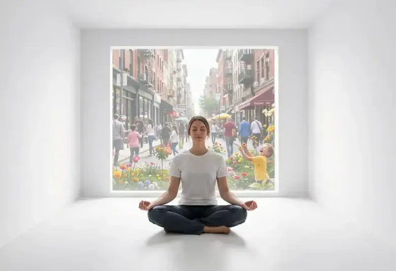 A person meditating serenely in an empty, white, windowless room, with a faint, translucent view of a vibrant, real world outside, symbolizing the dark side of mindfulness without purpose