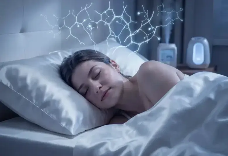 A person sleeping peacefully on a silk pillowcase in soft moonlight, with faint, luminous overlays of collagen and melatonin molecules, representing the science of beauty sleep and overnight skin repair