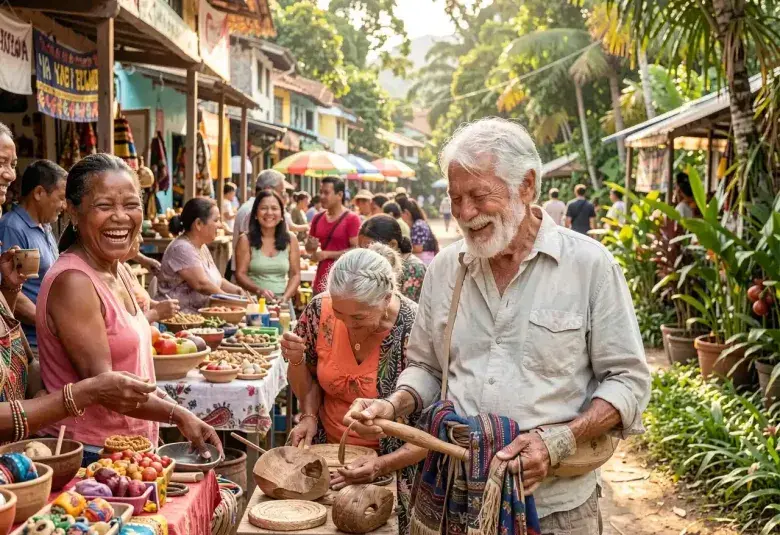 A retiree happily engaged with locals in a new country, symbolizing purposeful living and global community.