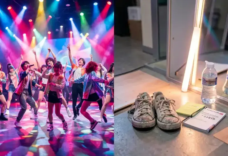 A split-image contrasting a vibrant K-pop performance with practice shoes and a notebook, symbolizing the artistry and hidden dedication behind the music.