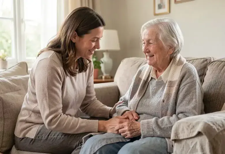 Adult daughter caring for her elderly mother at home representing unpaid caregiving and retirement security challenges