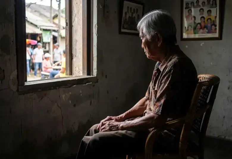 An elderly Filipino sitting alone in a dim, modest home, weathered hands in lap, with a faded family photo in the background, symbolizing the crisis of poverty and isolation facing aging parents