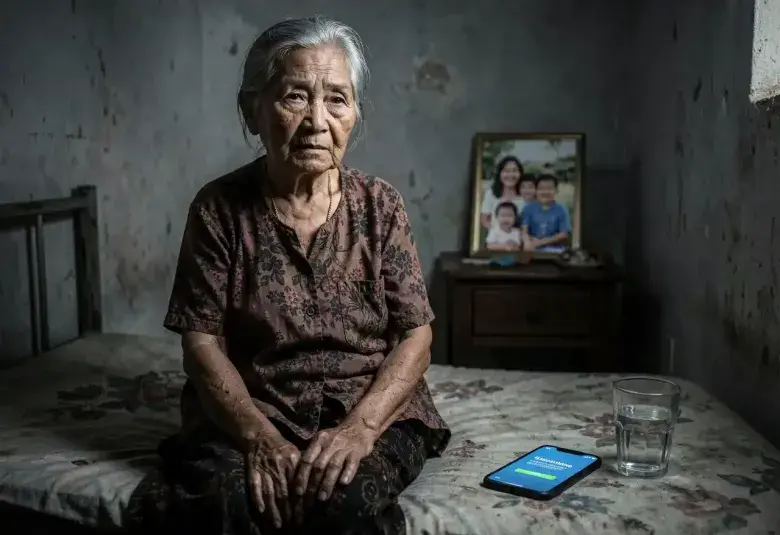An elderly Filipino woman sitting alone on a worn bed in a dim room, with a distant gaze, a framed family photo and a glowing remittance confirmation beside her, symbolizing the caregiver exodus and the hidden crisis of elder neglect behind overseas work