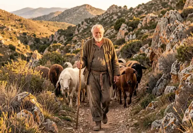 An elderly Sardinian shepherd walking with his flock in the mountains, embodying the natural movement and purpose of a long, healthy life.