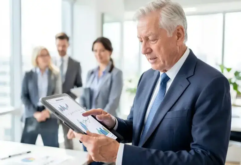 An older professional reviewing financial data in a modern office, symbolizing the experience and economic contribution of the aging workforce.
