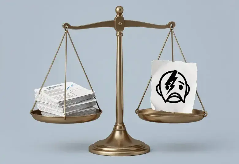 Balance scale weighing medical research papers against a torn myth symbol, representing evidence-based clarity on menopause hormone therapy