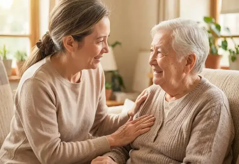 Caregiver gently assisting older person at home, focusing on their warm connection