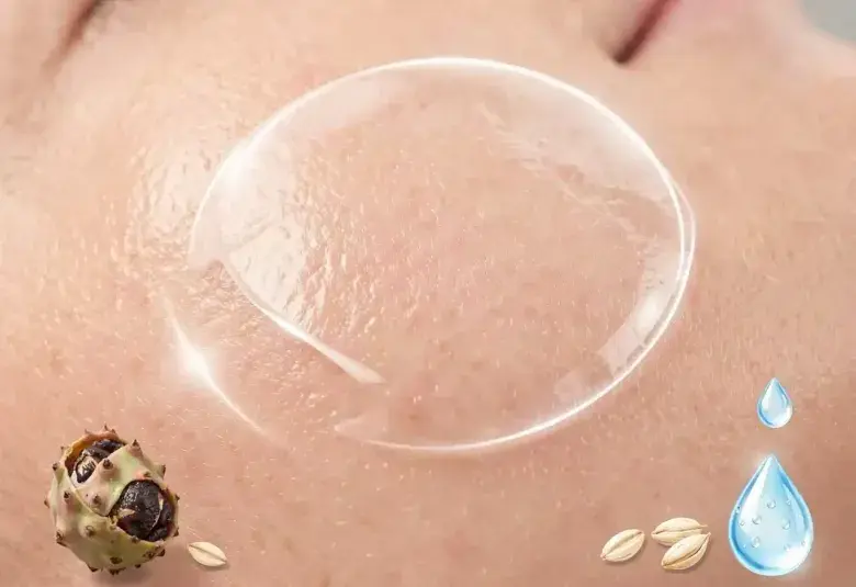 Close-up of healthy, glowing skin with a translucent, luminous shield overlay and symbolic icons of prickly pear, oat, and a droplet, representing acid mantle repair for plumper, wrinkle-resistant skin