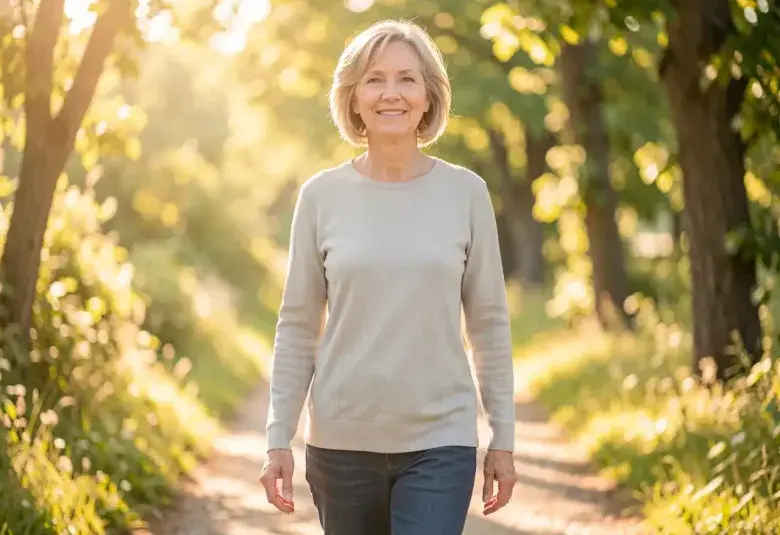 Confident middle-aged woman walking on a sunlit nature path, embodying vitality and balance during menopause