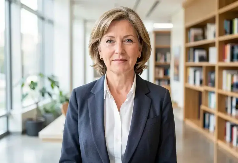 Confident midlife woman in professional setting representing evidence-based menopause and hormone therapy research