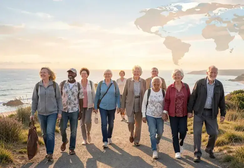Diverse group of older adults walking together toward a horizon, representing global aging dignity