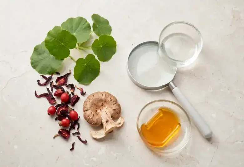 Flat-lay of natural botanical ingredients including Gotu Kola leaves, hibiscus petals, rosehips, and Tremella mushroom with a magnifying glass, representing science-backed botanical skincare for aging skin