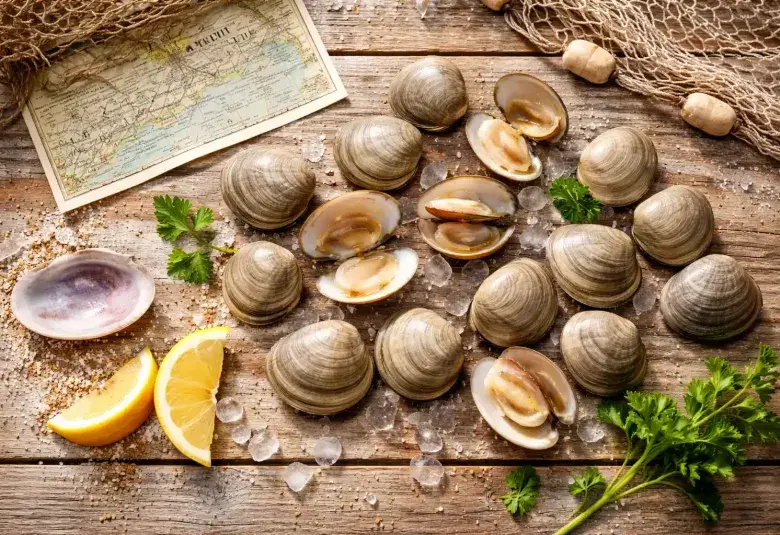 Fresh little neck clams arranged on wood with a map of Little Neck Bay, symbolizing their culinary and historical roots.
