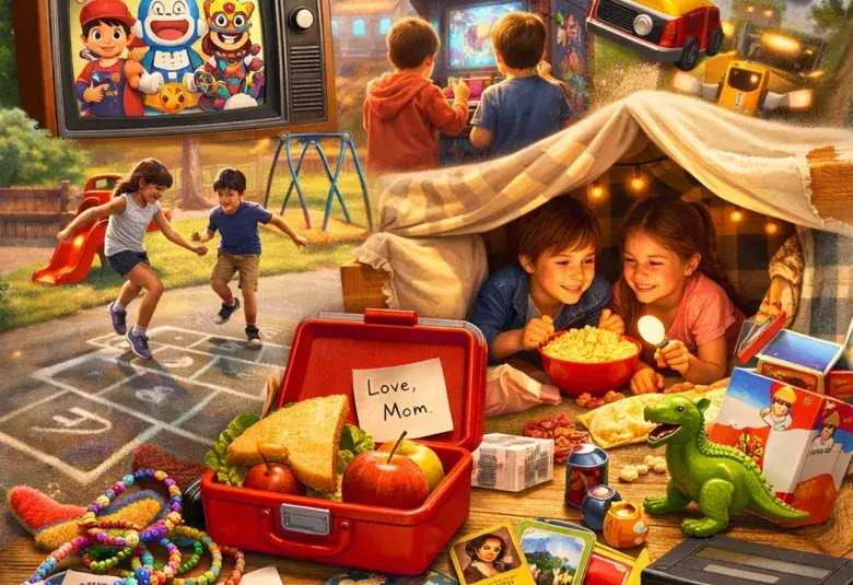 Happy childhood memories montage with cartoons, toys, and playground scenes