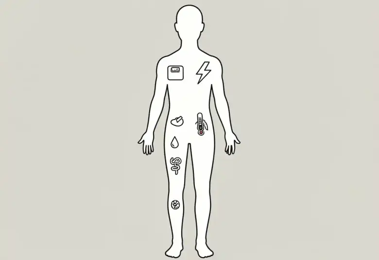 Human silhouette outline with icons for weight loss, fatigue, bleeding, lumps, and other subtle cancer symptoms