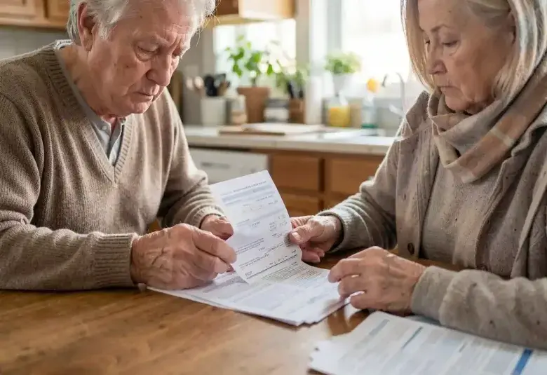 Older American couple quietly reviewing bills at home representing the financial cost of aging