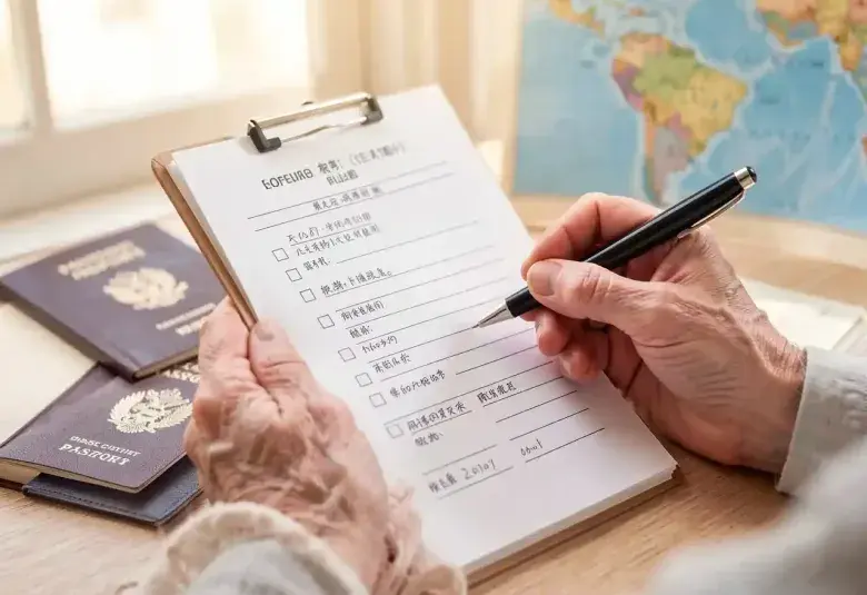 Older person's hands holding a retirement checklist with a passport and world map in background